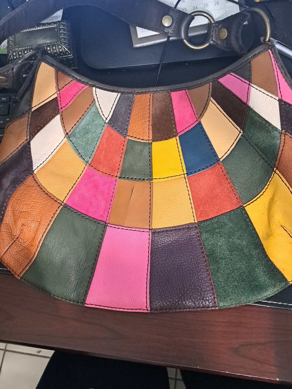 Patchwork Multicolor Leather Shoulder Bag - Vibrant Colorblock Hobo - Picture 3 of 4